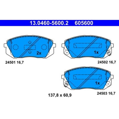 Obrázek ATE Originální brzdové destičky sada obložení pro kotoučové brzdy 13. 0460 5600. 2 ECE R90 homologace silnici, šedá