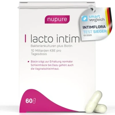 Obrázek Nupure® Lacto Intimní bakterie mléčného kvašení pro pochvu, regulaci vaginálních bakterií, plus biotin sliznice, orální požití, vaginální probiotika, 60 kapslí, veganské, bez laktózy.