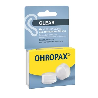 Obrázek OHROPAX Clear špunty do uší čiré z tvarovatelného silikonu obzvlášť nenápadné vhodné pro všechny uši hodnota zvukové izolace SNR 23 dB volný čas, učení nebo relaxaci