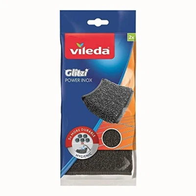 Obrázek Vileda Ocelová houba Glitzi Power Inox, odolná proti úporným nečistotám, dlouhá životnost, hygienické čištění, stupeň tvrdosti 3, balení 2 ks