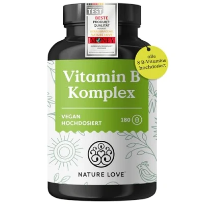 Obrázek NATURE LOVE® Komplex vitaminu B vysoké dávkování: S 500 µg B12 180 kapslí (6 měsíců) všech 8 vitamínů (B1, B2, B3, B5, B6, B7, B9, B12) veganské, laboratorně testováno a vyrobeno v