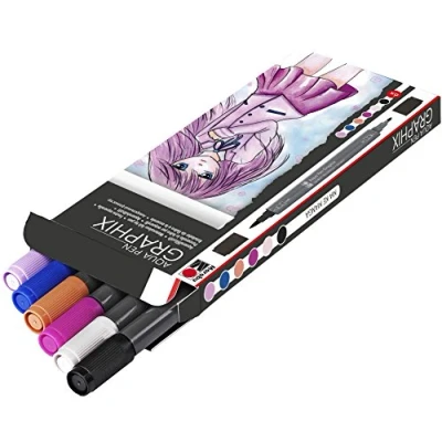 Obrázek Marabu 01450000001 Aqua Pen Graphix, Ma Ke Manga, 6 akvarelových fixy v sadě s brilantní barvou, tuška na vodní bázi, dvojitý hrot, možnost akvarelového papíru