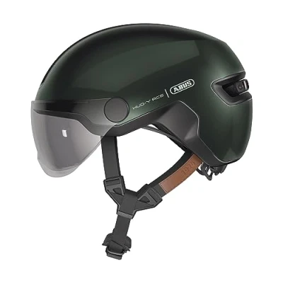 Obrázek ABUS Městská helma HUD Y ACE stylová cyklistická přilba s hledím a magnetickým, nabíjecím zadním LED světlem pro dámy pány zelená, velikost L