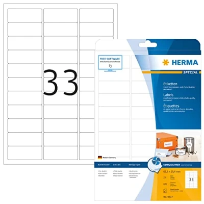 Obrázek HERMA 8837 univerzální etikety pro inkoustové tiskárny, 25 listů, 63,5 x 25,4 mm, 33 na arch A4, 825 kusů, samolepicí, potisknutelné, matné, prázdné samolepicí nálepky