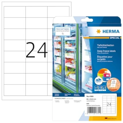Obrázek HERMA 4389 etikety s hlubokým chladem, 25 listů, 66 x 33,8 mm, 24 archů A4, 600 kusů, samolepicí, možností potisku, matné, prázdné papírové mrazicí etikety, lepicí na zboží, bílé