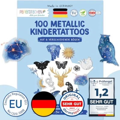 Obrázek Papierdrachen 100 metalických tetování design pro fanoušky německého národního mužstva veganské &amp; testované ideální EM 2024 třpytivé fotbal Německo děti a dospělé