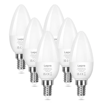 Obrázek Lepro E14 LED teplá bílá, žárovka E14, 4,9 W 470 lumenů, balení po 6 kusech, nahrazuje 40W žárovku, C37 2700K bílá žárovka, 200 světelný zdroj, svíčky