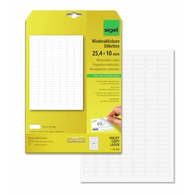 Obrázek SIGEL LA202 etikety samolepicí, potiskovatelné, lze opět beze zbytku odstranit, bílé, mini, 25,4 x 10 mm, 4725 etiket = 25 listů, zaoblené