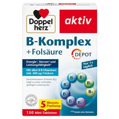 Obrázek Doppelherz B komplex DEPOT s kyselinou listovou vitamíny jako příspěvek k normální funkci nervového systému a normálnímu energetickému metabolismu 150 mini tablet