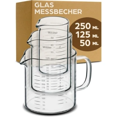 Obrázek Sada skleněných odměrek s výlevkou 50 ml, 125 250 ml přesná stupnice stohovatelná tepelně odolná a vhodná do mikrovlnné trouby