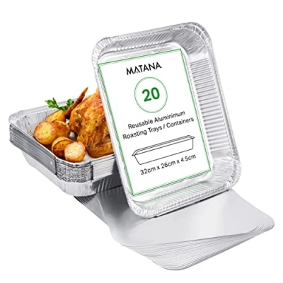 Obrázek MATANA 20 Große Aluschalen mit Deckel, Alu Backform, Alufolien Lasagneform, Einweg Auflaufform Abtropfschale Kochen, Backen, Grillen 2350ml / 32x26cm Stabil &amp; Praktisch
