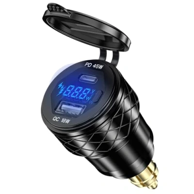Obrázek 45W PD USB Din Hella zásuvka pro BMW motocykl, 18W QC 3.0 zapalovač cigaret adaptér C vestavná zdířka s vypínačem a LED voltmetrem 12V 24V Ducati Triumph KTM loď, nákladní vůz,