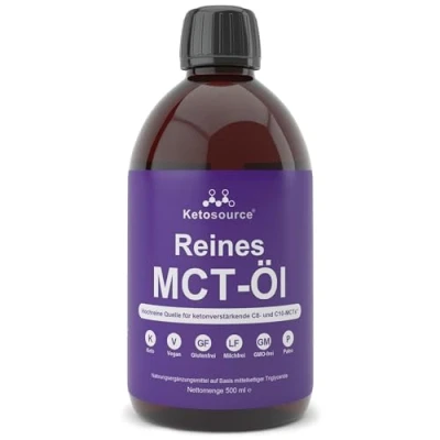 Obrázek Ketosource® Čistý MCT olej vysoce čistý zdroj C8 a C10 zesilujících keton Podporuje keto výživu půst Vegan Safe &amp; bez lepku láhev 500 ml