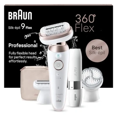 Obrázek Braun Dámský epilátor Silk épil 9 Flex, odstraňovač chloupků pro dlouhotrvající odstraňování chloupků, mini holicí strojek, peelingové nástavce, 9306 3D, bílý/růžový titan