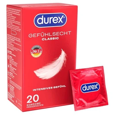 Obrázek Durex Citlivé klasické kondomy tenké s anatomickým tvarem Easy On &amp; zvlhčené silikonovým kluzným gelem balení 20 ks (1 x kusů)