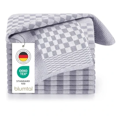 Obrázek Blumtal utěrky bavlna 50 x 70 cm v sadě 5 ks kuchyňské certifikované podle Öko TEX extrémně savé ručníky na nádobí Kitchen Towels lze prát do 95 C šedo bílé kárované