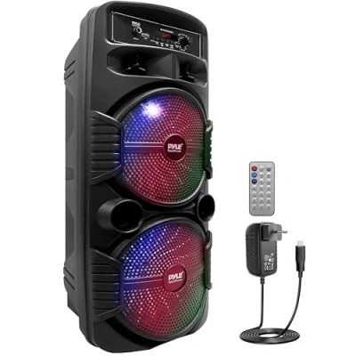 Obrázek Pyle Bluetooth reproduktor PA zařízení, přístroj na karaoke, velký hudební box, duální subwoofer, přenosné boxy 600 W s dobíjecí baterií a party světly, USB/3,5 mm AUX/Mic, FM rádio