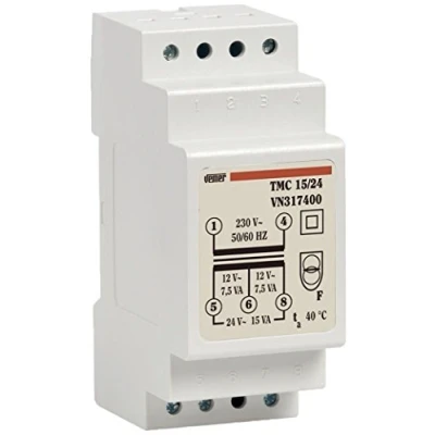 Obrázek VEMER VN317400 TMC 15/24 Trafo pro DIN lišty s primárním napětím 230 V, sekundární napětí 12 24 V a výkon 15 VA, bílé