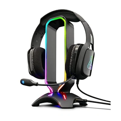 Obrázek THE G LAB K Stand RADON herní sluchátka Stander RGB podsvícení, USB hub 2 x 2,0, protiskluzová základna univerzální držák pro hráče PC PS4 Xbox One (černý)