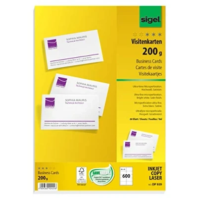 Obrázek SIGEL DP939 vizitky s možností potisku vysoce bílé, 600 kusů (60 listů), 200 g, 85 x 55 mm, oboustranně potištěné a satinované