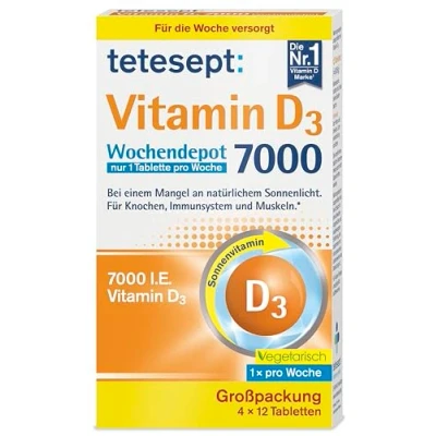 Obrázek tetesept Vitamín D3 7000 týdenní odpočívadlo 4 x 12 tablet s vitaminem D při nedostatku přirozeného slunečního světla doplněk stravy pro kosti, imunitní systém a svaly zásobní balení