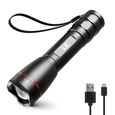 Obrázek LE LED kapesní svítilna, nabíjecí USB, extrémně jasná 15000 Lux OSRAM P9, IPX4, vodotěsná, zoomovatelná ruční svítilna s 5 režimy, dobíjecí taktická pro kempování, outdoor, turistiku