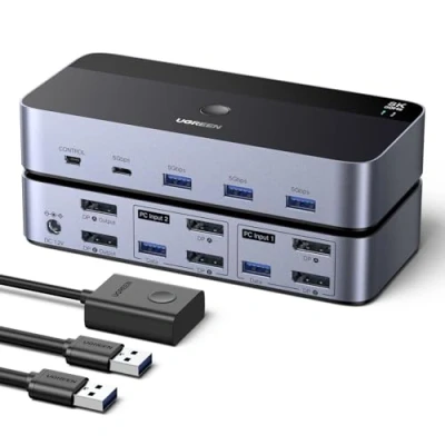 Obrázek UGREEN Displayport KVM Switch 2 PC monitory 8K60Hz přepínač se 4 USB 3. 0 porty klávesnice a stolní ovladač přepínání kompatibilní s Windows/Linux/MacOS atd.