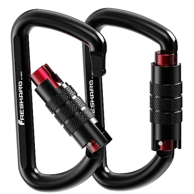 Obrázek FresKaro Karabiner Schwarz, mit Drehsicherung, 12kN 1224kg Twist Lock, Aluminium, Ultraleicht Belastbar, Autolock, Schnellverschluss Karabina für Hängematte, Schlüssel, Hundeleine, 2 Stück
