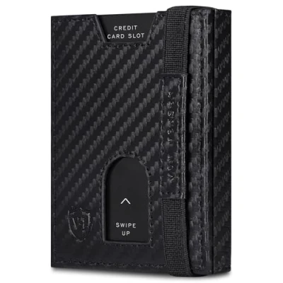 Obrázek VON HEESEN Slim Wallet s RFID ochranou pouzdro na karty pro muže a ženy mini peněženka kůže malá peníze, Černá karbon, Bez přihrádky mince