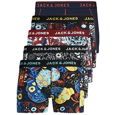 Obrázek JACK &amp; JONES Pánské spodky 5dílná sada pánských boxerek bílé černé modré šedé Trunks 12204864, Balení 5 ks Print 3