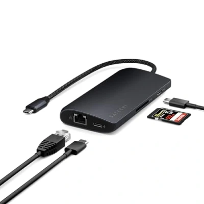 Obrázek SATECHI USB C rozbočovač Multiport adaptér V3, 8 v 1 Dongle s 8K HDMI, 85W PD Charging, 4 datové porty C, Ethernet, SD čtečka karet pro Mac, Windows půlnoc