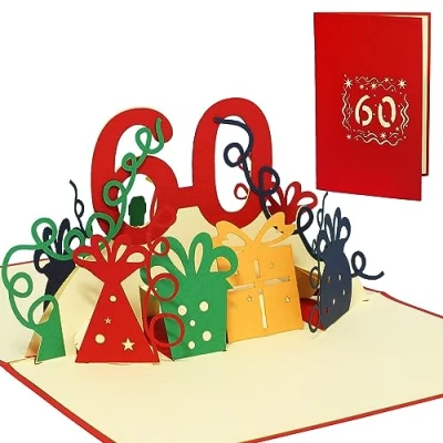 Obrázek LINPOPUP® Pop Up přání 60. narozeninám, 3D narozeninové s obálkou, Happy Birthday k dárek pro přítele, muže, výročí, 60 číslic červené, N22
