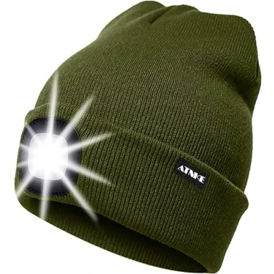 Obrázek ATNKE LED osvětlená čepice, dobíjecí USB běžecká čepice se světlem extrémně jasná 4 lampa zima teplá čelovka pro muže a ženy dárky, Armádní zelená