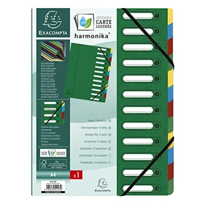 Obrázek Exacompta 55123E Premium pořadač Harmonika Z extra silného kartonu Colorspan, 12 přihrádek a 2 gumových tahů s okénkem na index pružnou zadní stranou, desky registr zelené