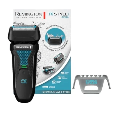 Obrázek Remington Elektrický holicí strojek F6 Aqua (mokrý a suchý strojek, 100% vodotěsný, vyklápěcí zastřihovač detailů dlouhých vlasů, 60 min lithiová baterie, funkce USB nabíjení) foliový