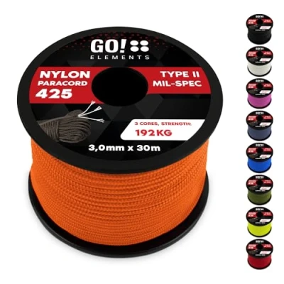 Obrázek GO!elements 30m Paracord lano z nylonu odolného proti roztržení 3mm 425 typ II max. 192 kg šňůry jako outdoorové lano, univerzální pro přežití, náramek, vodítko psy,