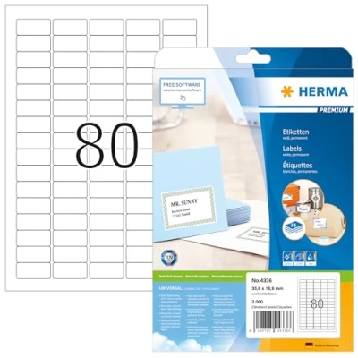 Obrázek HERMA 4336 univerzální etikety, 25 listů, 35,6 x 16,9 mm, 80 pro arch A4, 2000 kusů, samolepicí, s možností potisku, matné, prázdné papírové lepicí bílé