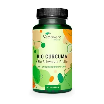 Obrázek Kapsle s bio kurkumou jedinečný: extrakt z kurkumy bez prášku 14 200 mg ekvivalentu na jednotku 152 kurkuminu piperinem 60 kusů Vegan německá výroba Vegavero®