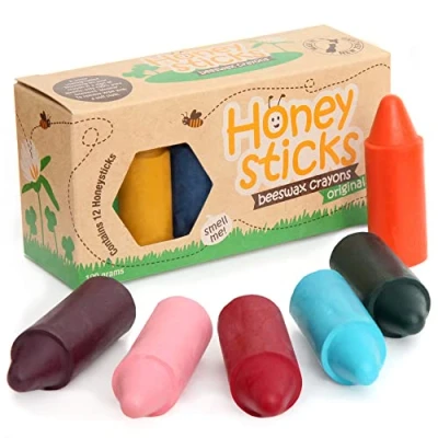 Obrázek Honeysticks voskovky ze 100% včelího vosku (balení 12 ks) nejedovaté od 1 roku pro malé děti přírodní složky a barvy vhodné potraviny, nejvyšší bezpečnostní standardy