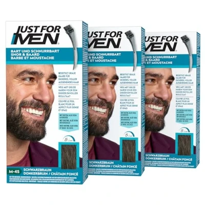 Obrázek Just For Men Zbarvení knírů a vousů tmavě hnědá, barva na vousy, tónování, eliminuje šedé vlasy pro plnější vzhled, se štětcem M45 balení 3 ks (3 x 28,4 g)