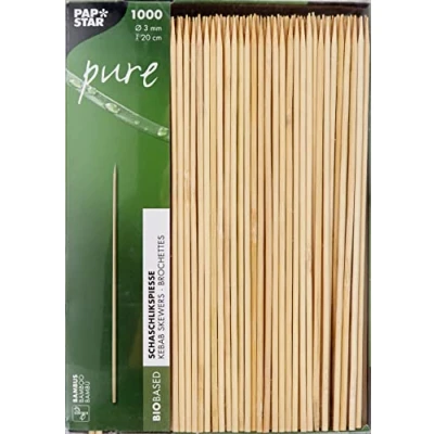 Obrázek Papstar Šašlikové špízy / dřevěné (1000 kusů) 20 cm, průměr 0. 3 z přírodního dřeva bambusu, jednostranně špičaté, plochá strana k uchopení, pro party grilovací oslavy v lepenkové