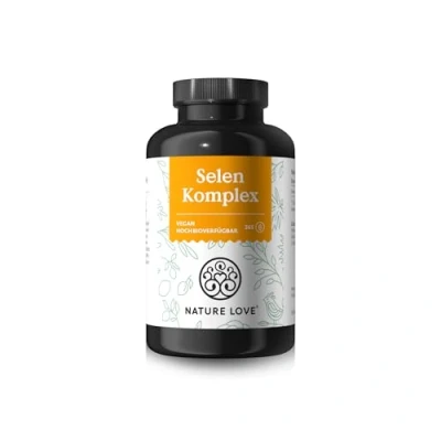 Obrázek NATURE LOVE® selen komplex Vegan vysoké dávkování: 200 µg v každé kapsli 365 kapslí selenit sodný, methionin L selenu, selenové kvasnice dávkování, laboratorně testováno, vyrobeno