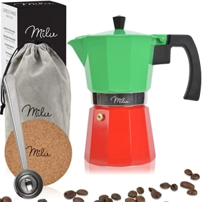 Obrázek Milu Kávovar na espresso (No Indukce) 2, 3, 6, 9 šálků hliníková moka konvice, konvice espresso, sada přípravu espressa vč. podšálku, lžíce, kartáče (Italia, 6 (300 ml)