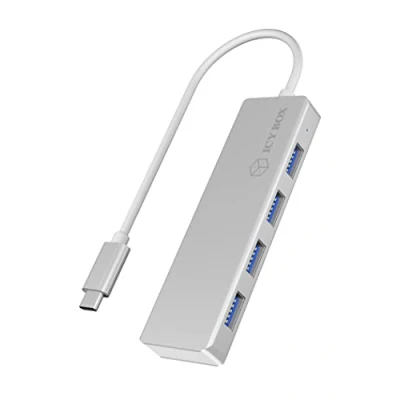 Obrázek ICY BOX 60437 4násobný USB C rozbočovač s 4x 3.0, 3 přípojkou, hliník, integrovaný kabel, stříbrný/bílý