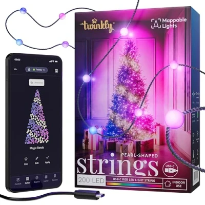 Obrázek Twinkly Světelný řetěz Candies ve tvaru perel, s 200 RGB LED diodami. 12 metrů. Zelený drát. Řízeno aplikací, napájení USB C. Vnitřní osvětlení Smart Home Dekorace