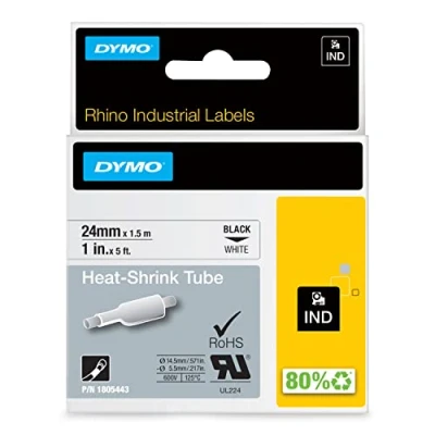 Obrázek DYMO Rhino Průmyslové etikety se smršťovacími trubičkami 24 mm x 1,5 m černé písmo na bílém podkladu samolepicí