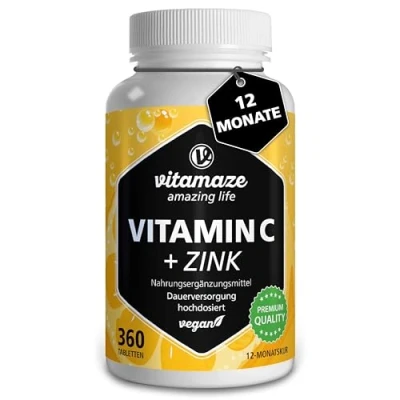 Obrázek Vysoce koncentrovaný vitamin C 1000 mg + zinek, 360 tablet po dobu 1 roku, veganské a optimálně biologicky dostupné, přírodní doplněk stravy bez zbytečných přísad, vyrobeno v Německu