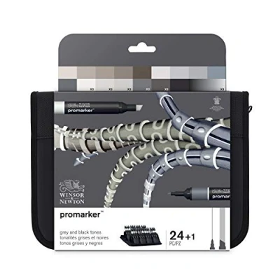 Obrázek Winsor &amp; Newton 0290081 ProMarker (im Wallet, Professioneller Layoutmarker 2 Spitzen, fein und breit für Zeichnungen, Design Layouts) 24 Farben Set schwarz/grautöne