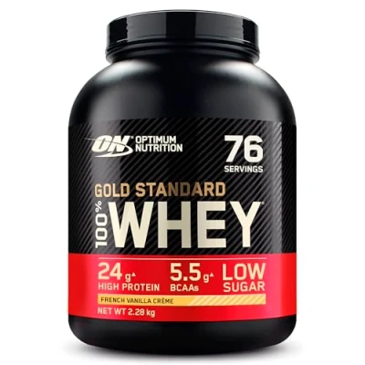 Obrázek Optimum Nutrition Gold Standard 100% syrovátkový proteinový prášek pro růst a regeneraci svalů s přirozeně se vyskytujícím glutaminem aminokyselinami BCAA, francouzská vanilka, 76 porcí, 2,28 kg