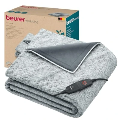 Obrázek Beurer HD 75 Nordic Grey Green Planet vyhřívaná deka, tepelná deka vyrobená z recyklovaného materiálu, hebce měkká, 6 teplotních stupňů, lze prát v pračce, automatické vypínání, 180 x 130 cm